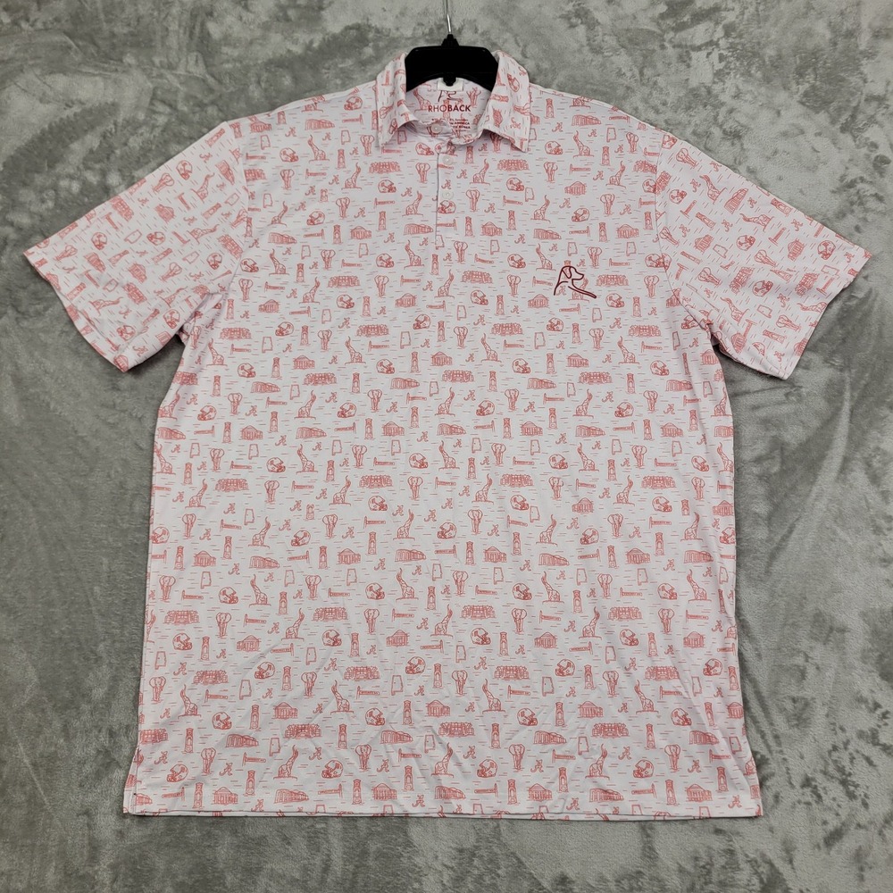 Rhoback Polo Shirt Mens 2XL White Red Sports Print Golf Performance Casual
